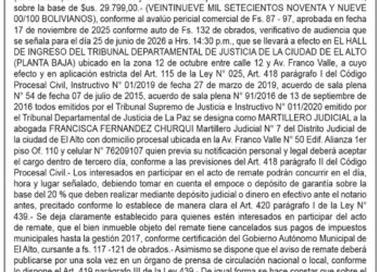 Aviso de Remate contra María del Carmen Choque Quisbert y Eduardo Jiménez Huancollo
