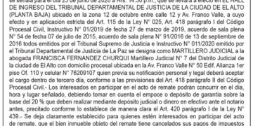 Aviso de Remate contra María del Carmen Choque Quisbert y Eduardo Jiménez Huancollo