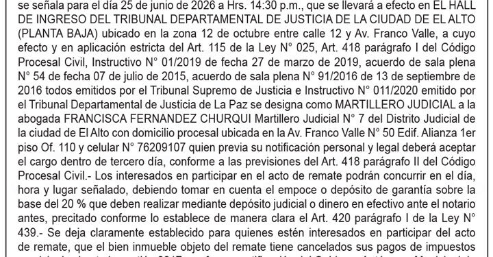 Aviso de Remate contra María del Carmen Choque Quisbert y Eduardo Jiménez Huancollo