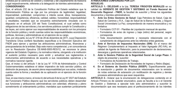 Fondo Nacional de Desarrollo Regional – Resolución Ejecutiva DGE-RCG-0006-RES/26