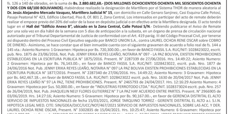 Aviso de Remate contra René Óscar Laurel Ochoa