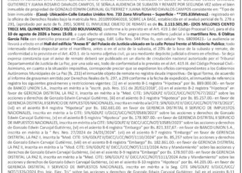 Aviso de Remate contra Gonzalo Edwin Carvajal Gutiérrez y Juana Rosario Dávalos Campo