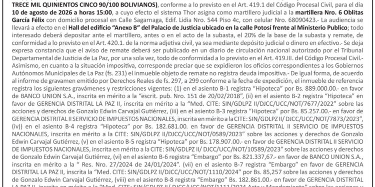 Aviso de Remate contra Gonzalo Edwin Carvajal Gutiérrez y Juana Rosario Dávalos Campo