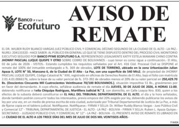 Aviso de Remate contra Jhonny Pascual Luque Quispe