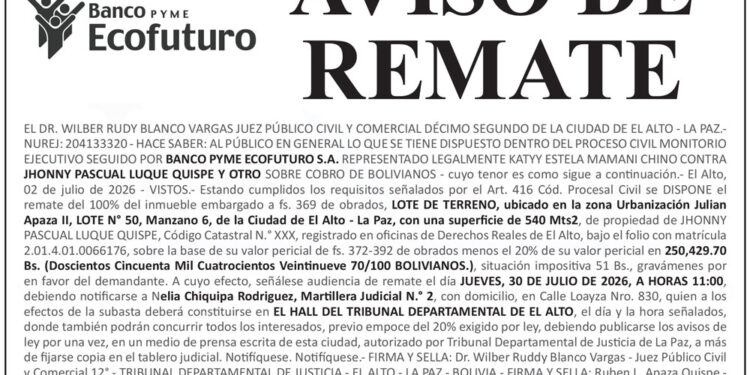 Aviso de Remate contra Jhonny Pascual Luque Quispe