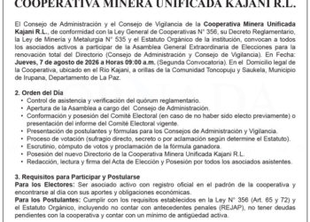 Convocatoria a Asamblea General Extraordinaria de Elecciones Cooperativa Minera Unificada Kajani R.L.