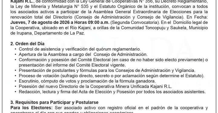 Convocatoria a Asamblea General Extraordinaria de Elecciones Cooperativa Minera Unificada Kajani R.L.