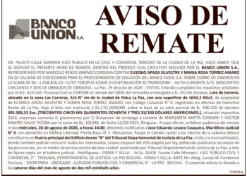 Aviso de Remate contra Eusebio Apaza Silvestre y María Rosa Torrez Amaro