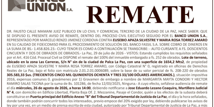 Aviso de Remate contra Eusebio Apaza Silvestre y María Rosa Torrez Amaro
