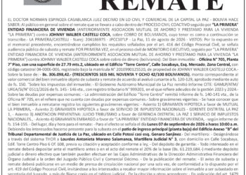 Aviso de Remate contra Johnny Walber Castelu Coca