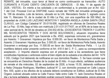 Aviso de Remate contra Juan Luis Lazcano Montoya y otros