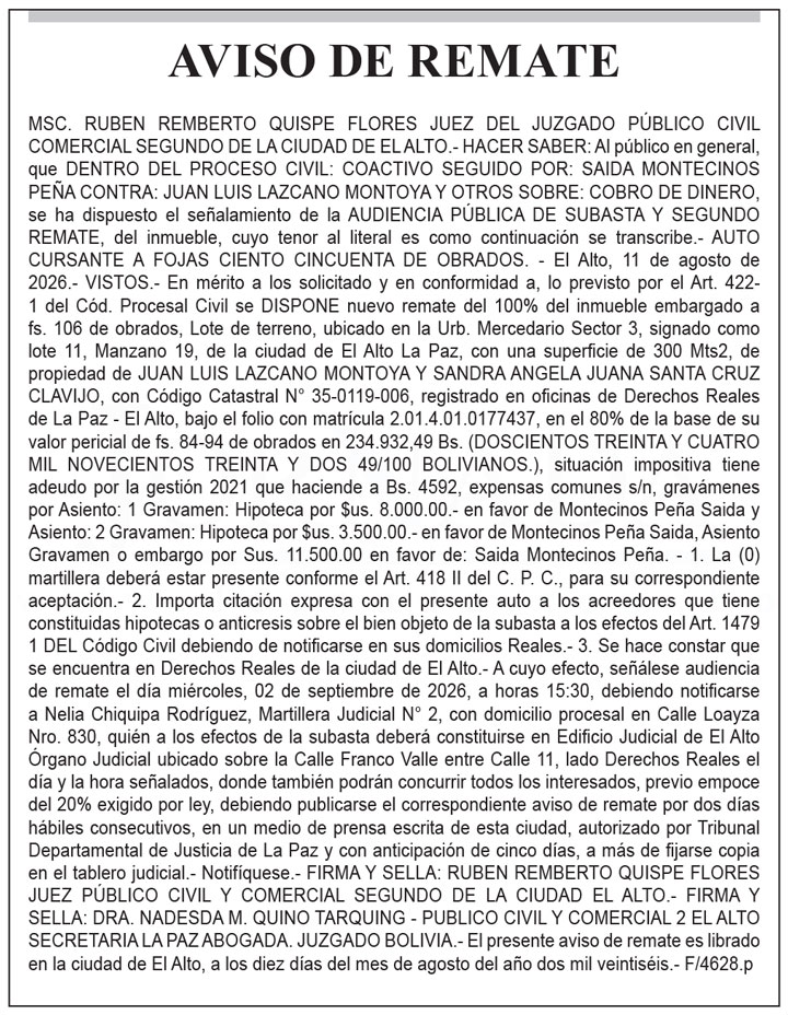 Aviso de Remate contra Juan Luis Lazcano Montoya y otros