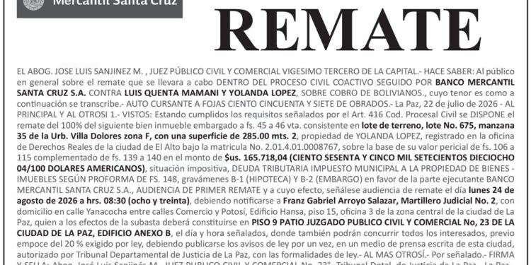 Aviso de Remate contra Luis Quenta Mamani y Yolanda López