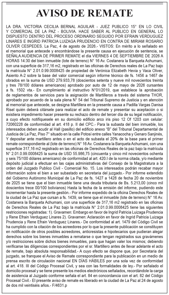 Aviso de Remate contra Miriam Rosario Oliver Céspedes