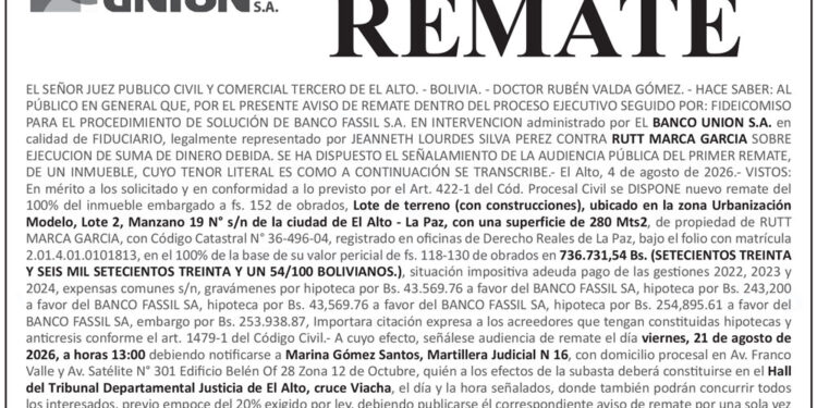 Aviso de Remate contra Rutt Marca García