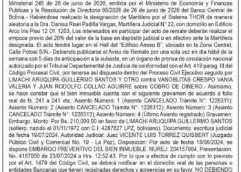 Aviso de Remate contra Vania Valeria Vanoblitas Crespo y Juan Rodolfo Collao Aguirre