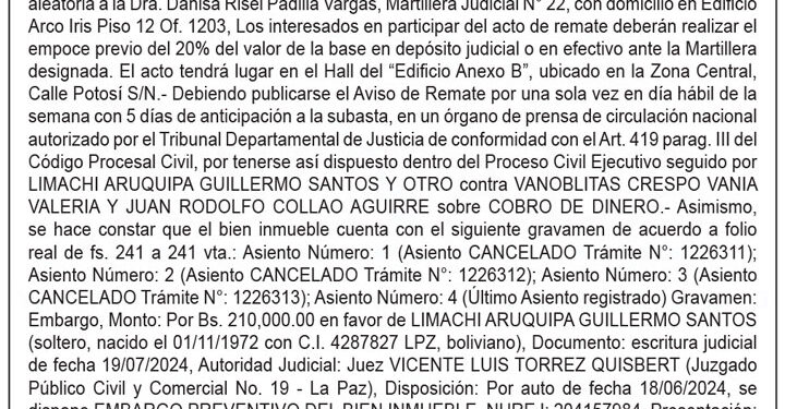 Aviso de Remate contra Vania Valeria Vanoblitas Crespo y Juan Rodolfo Collao Aguirre