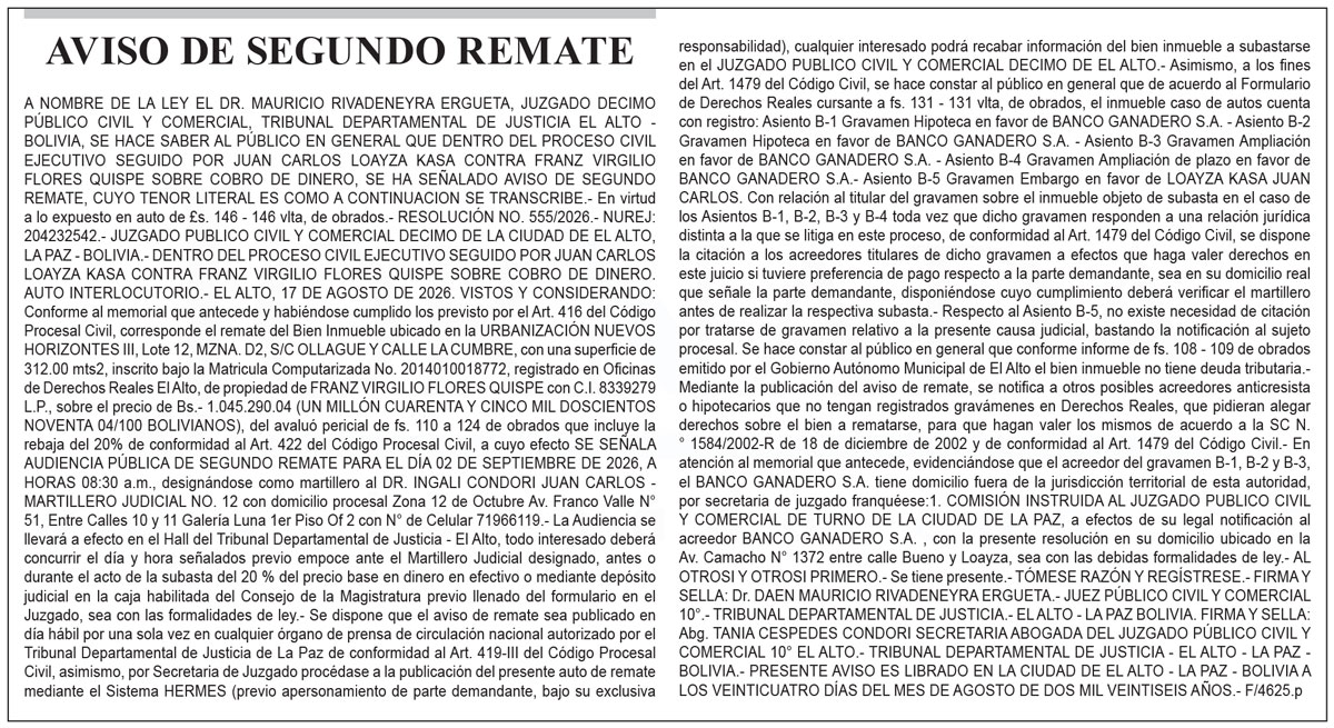 Aviso de Segundo Remate contra Franz Virgilio Flores Quispe