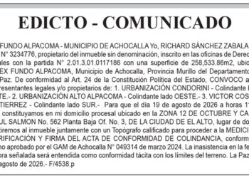 Edicto – Comunicado – Ex Fundo Alpacoma – Municipio de Achocalla