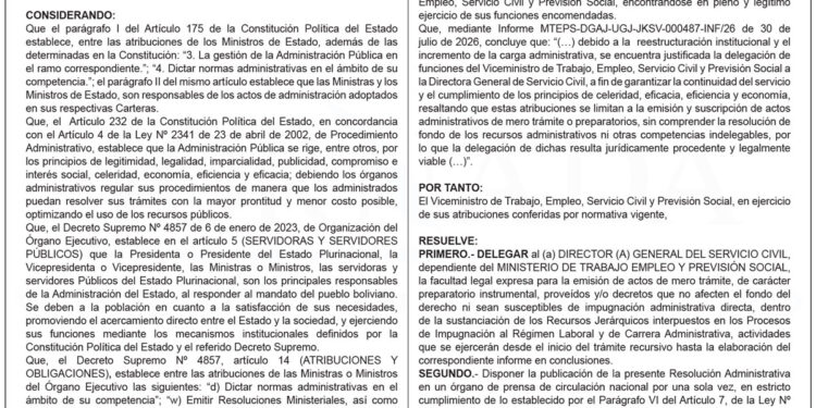 Ministerio de Trabajo, Empleo y Previsión Social – Resolución Administrativa Nº 362/26