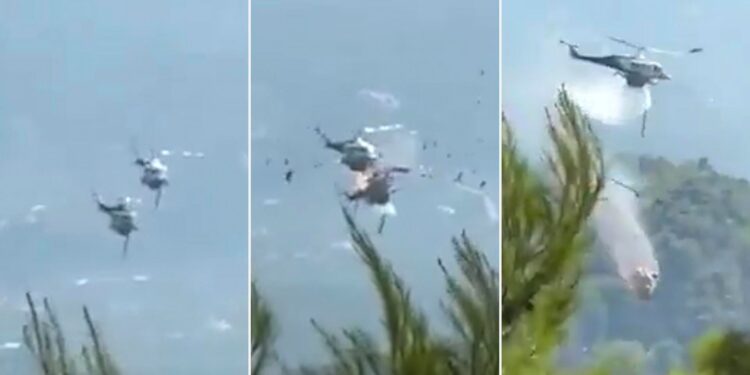 El impactante momento en que dos helicópteros chocaron mientras combatían un incendio forestal en Grecia
