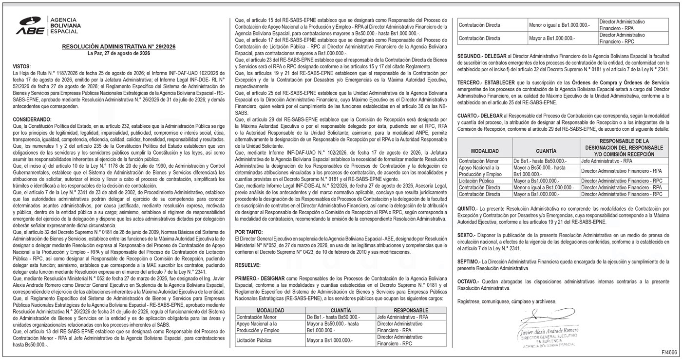 Agencia Boliviana Espacial – Resolución Administrativa Nº 29/2026