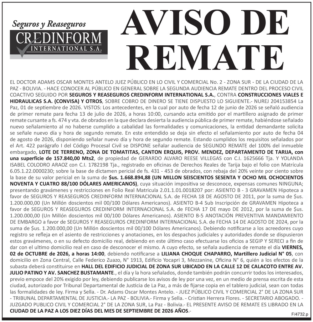 Aviso de Remate contra Construcciones Viales e Hidráulicas S.A. (CONVISA) y otros