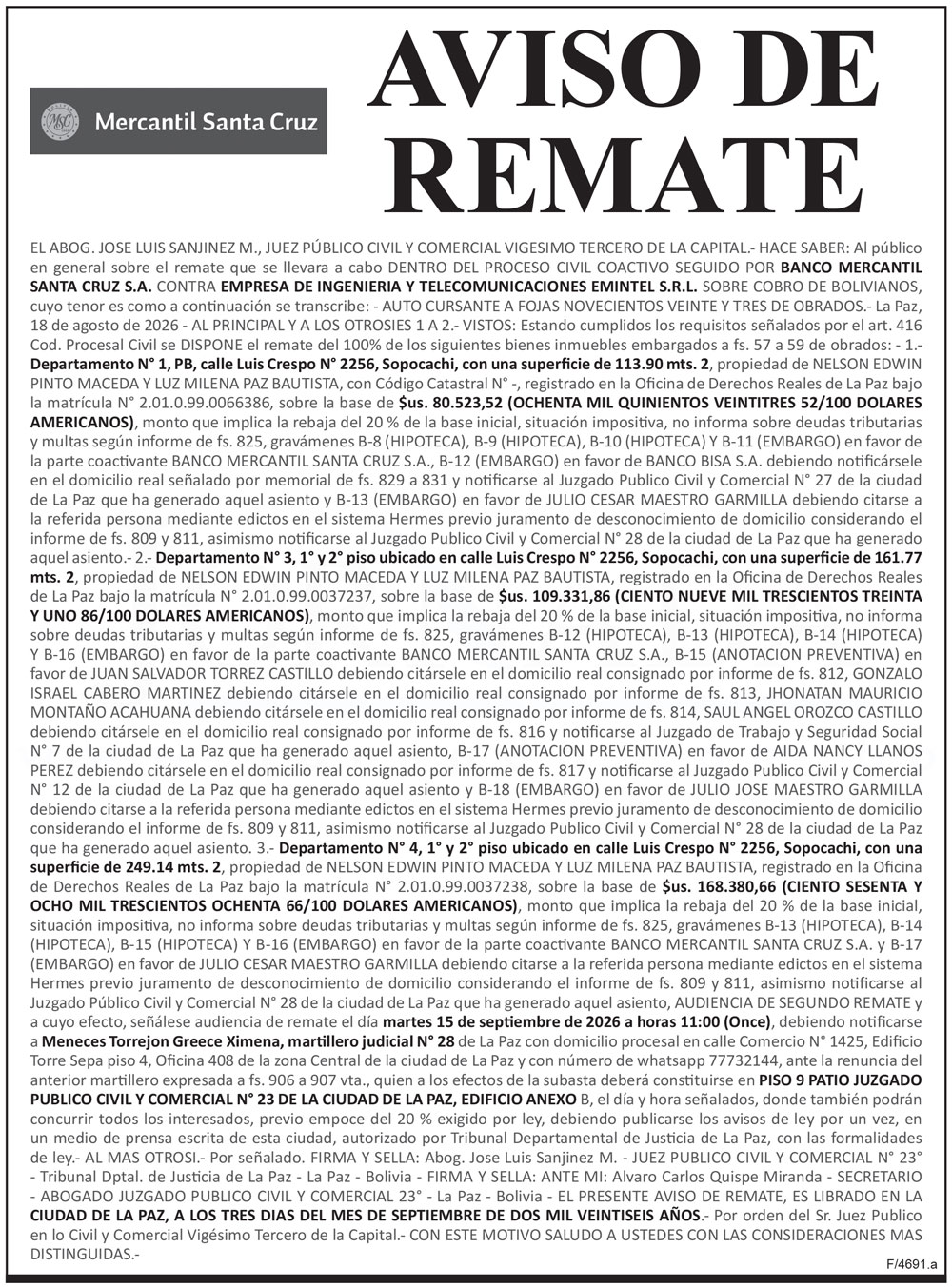 Aviso de Remate contra Empresa de Ingeniería y Telecomunicaciones EMINTEL S.R.L.