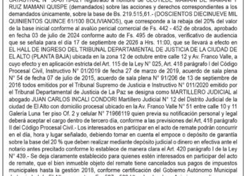 Aviso de Remate contra Florencio Flores Choque, Rosalía Mamani Mamani, Ruiz Mamani Quispe y Clotilde Mamani de Mamani