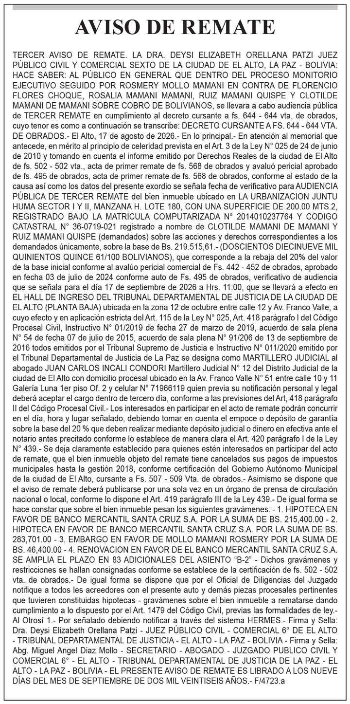 Aviso de Remate contra Florencio Flores Choque, Rosalía Mamani Mamani, Ruiz Mamani Quispe y Clotilde Mamani de Mamani