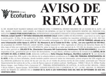 Aviso de Remate contra Jhonny Pascual Luque Quispe y Tattiana Magdalena Mamani Calle