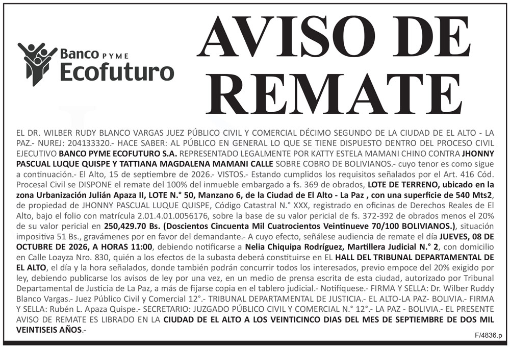 Aviso de Remate contra Jhonny Pascual Luque Quispe y Tattiana Magdalena Mamani Calle