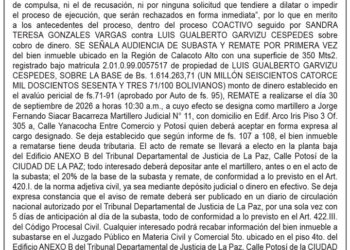 Aviso de Remate contra Luis Gualberto Garvizu Céspedes