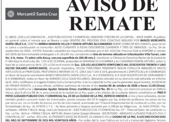 Aviso de Remate contra Minka Mamani Villca y Edwin Arturo Ali Camargo