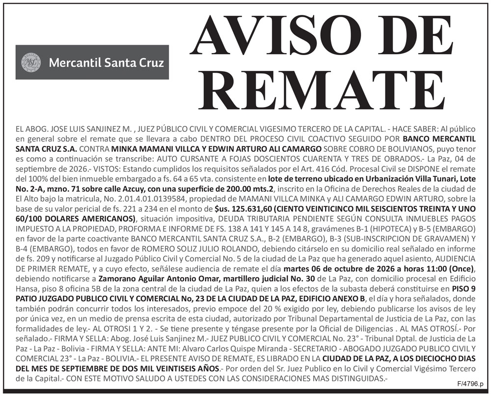 Aviso de Remate contra Minka Mamani Villca y Edwin Arturo Ali Camargo
