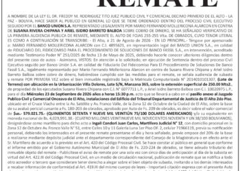 Aviso de Remate contra Susana Rivera Chipana y Ariel Isidro Barreto Balboa